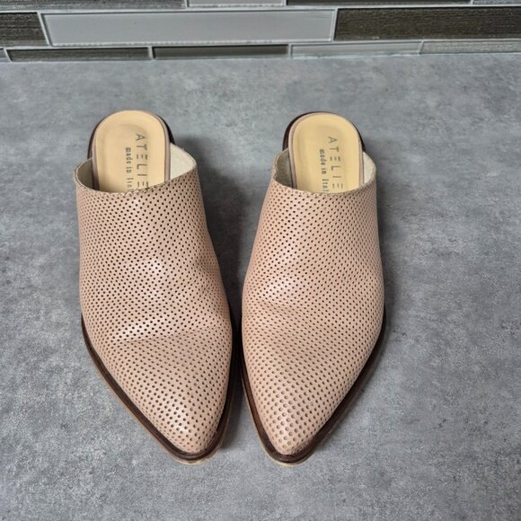 39 Ateliers Beige Perforated Leather Pointy Toe Slip On Mules Shoes - Picture 2 of 8
